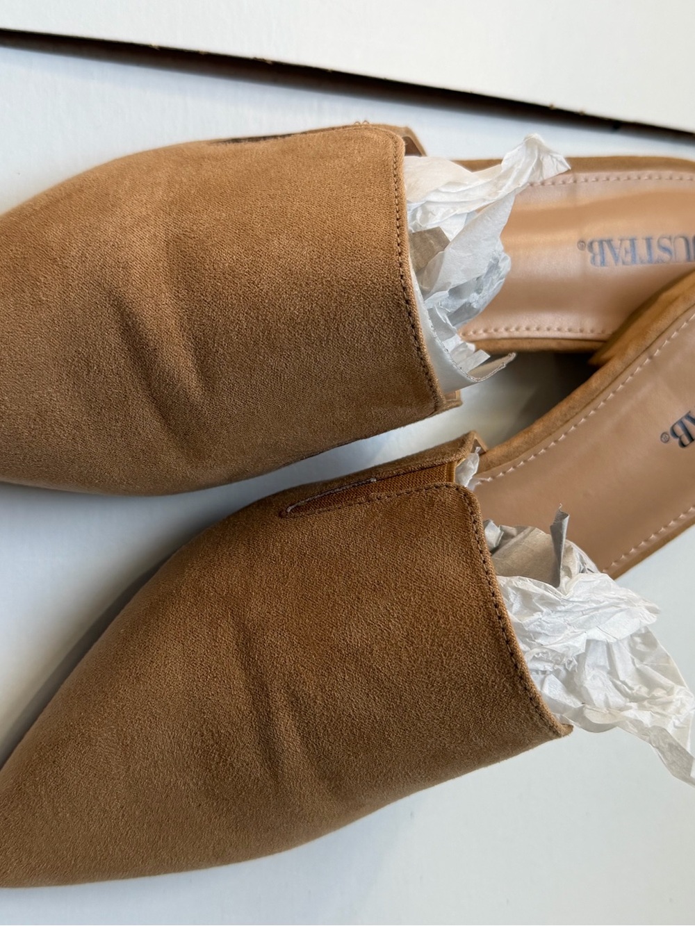 JustFab Tan Suede Pointed-Toe Backless Mules